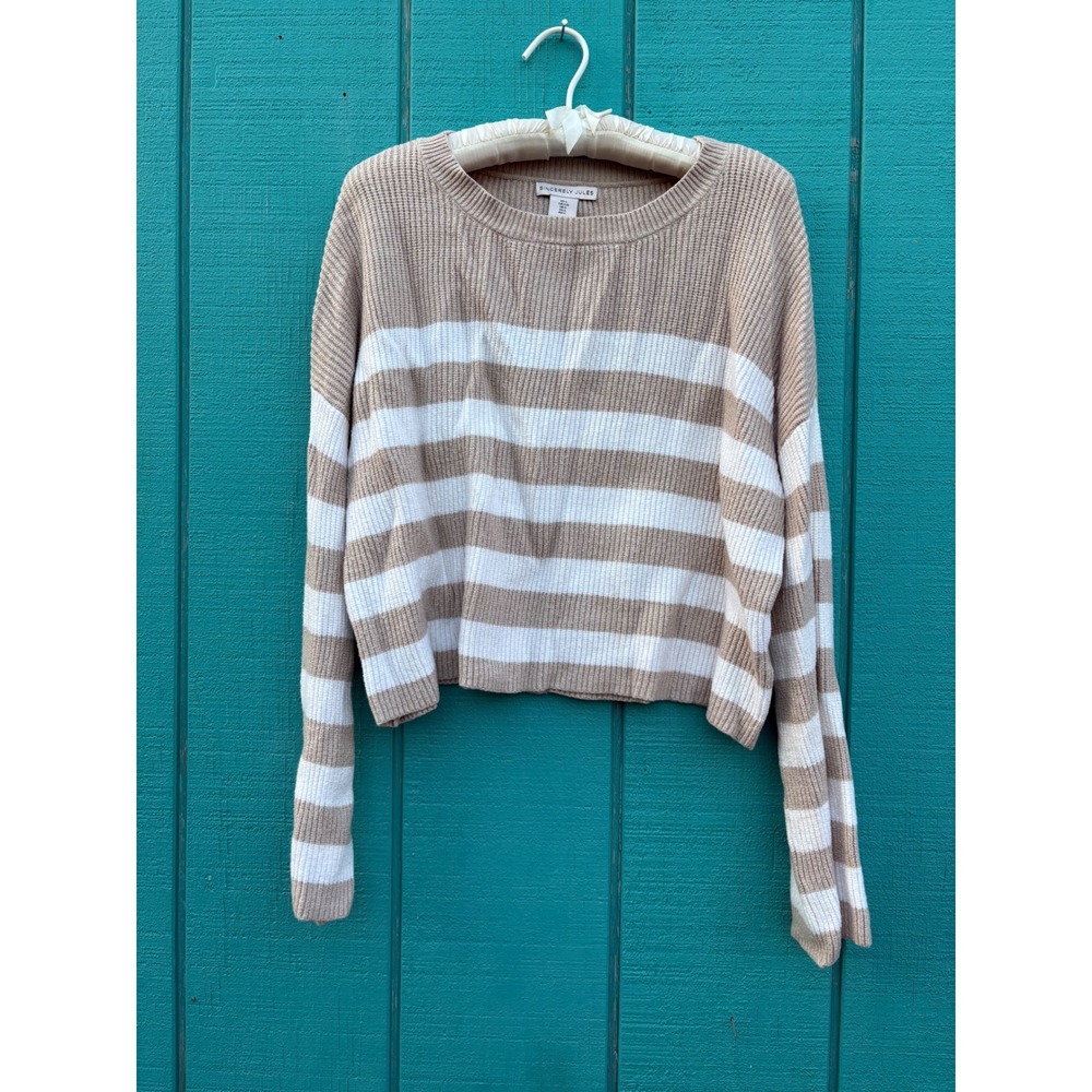 Sincerely Jules Womens Tan White Striped Ribbed‎ Knit Cropped Sweater ST20805 L